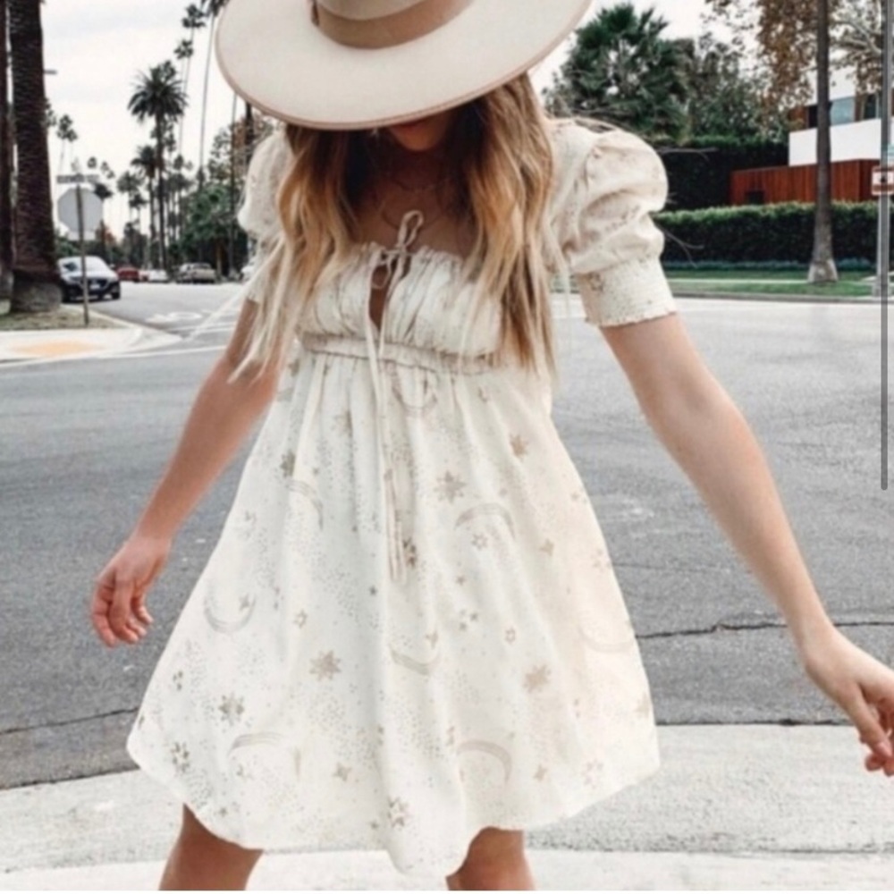 NWT Beach Riot Virgo Celestial Puff Sleeve Baby Doll Dress Cream Gold